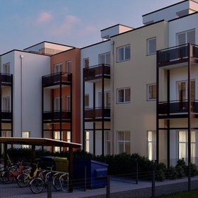 Quartier an der Kellei Dresden Stadtvillen Blick auf Außenanlage mit Fahrradstellplatz am Abend