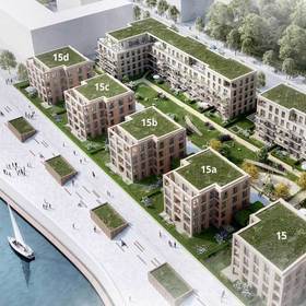 HafenCity Dresden Stadtvilla am Elbbogen Haus 15 seitliche Vogelperspektive mit Promenade